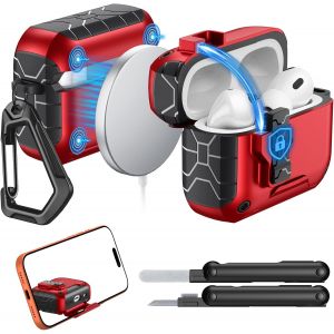 ELVORIX-&Eacute;tui pour AirPods Pro 3(2025),Compatible avec MagSafe,Verrou de S&eacute;curit&eacute; et Support de T&eacute;l&eacute;phone pour AirPods Pro 3e G&eacute;n,Coque de Protection &agrave; Ouverture Automatique et kit de Nettoyage, Roug - Neuf