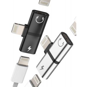 2 In 1 Lightning Jack Adapter (2 Pieces) For Iphone 14 13 Pro Earphones Audio Charger Connector Headphone Jack Aux Splitter Dual Cable For Apple Ipad Accessory Charging Tablet Music Car - Neuf