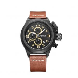 Megir Mode Hommes M&eacute;tal &Eacute;tanche Montre Bracelet En Cuir R&eacute;glable Accessoire (Noir + Caf&eacute;) - Neuf