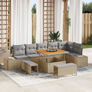 Ensemble De Canap&eacute;s De Jardin De Neuf Pi&egrave;ces Avec Coussins Beige En Rattan Poly Acacia, Canap&eacute; De Jardin De 2 Places Avec Coussins Beige En Rattan Poly, Ensemble De Salle &Agrave; Manger De Jardin De 3 Pi&egrave;ces Avec Coussins Beige En Rattan Poly Acacia - Neuf