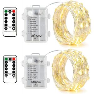 KAL-2 X 50Leds Guirlande Lumineuse A Pile,5 Mètre Micro Argent Câble 3Aa Opération Batterie Étanche Avec Télécommande 8 Programme (Blanc Chaud) - Neuf