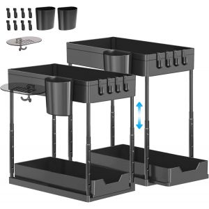 ASFASFq-Rangement Sous Evier 2 Niveaux, Organisateur à Hauteur Réglable avec 8 Crochets/2 Tasses/1 Porte-savon, Étagère sous Évier Coulissant pour Cuisine Salle de Bain (Lot de 2) - Neuf