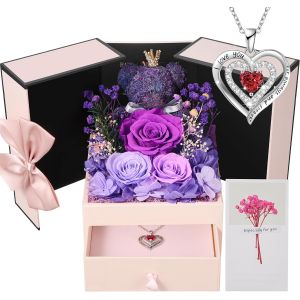 Rose Eternelle No&euml;l Cadeau pour Femme - Roses Uniques Conserv&eacute;es Fleurs avec Ours Rose et Collier Cadeaux pour Maman, &Eacute;pouse, Grand-M&egrave;re | Anniversaire,Saint-Valentin,F&ecirc;te des M&egrave;res,Anniversaire - Neuf