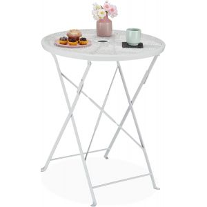 Ulteronixshop-Table De Balcon, Trou Parasol, Motifs Terrazzo, H X D : 71,5 X 60,5 Cm, Acier, Pliante, Console Ronde, Blanc - Neuf