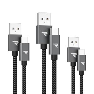 RAMPOW Cable USB C, Charge Rapide 3A QC3.0, Cable Chargeur USB C Cable Nylon Tress&eacute; Compatible avec iPhone 17 Pro Max Air 16/15, SamsungS22/S21/S20/S10, Xiaomi, Sony-Gris Sid&eacute;ral/0.2M+1M+2M - Neuf