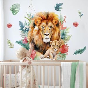ERYI-Stickers Muraux Lion Autocollant Mural Forêt Animaux Feuilles Tropicales Deco Stickers Salon Chambre Enfants Bébé Décoration - Neuf