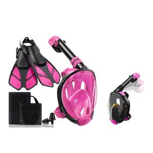 Ensemble De Plong&eacute;e En Apn&eacute;e Avec Masque, Palmes, Bouchons D'oreilles Et Sac De Rangement - Rose Rouge - Neuf