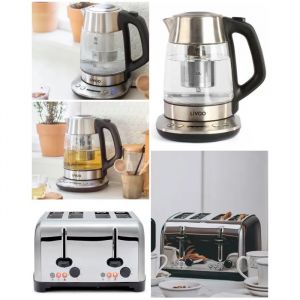 Bouilloire Inox Verre th&eacute;i&egrave;re automatique - 1,7 L - 2200 W - &Eacute;cran LCD- Grille-pain Inox 4 fentes - Neuf