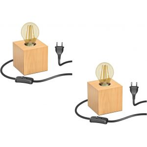 Lampe De Table Hito, Interrupteur, Usb, Bois Véritable (Hévéa), Carré, Marron Clair, 1x E27 Max. 60w - Neuf