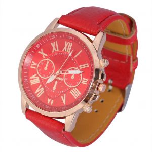 Montre-Bracelet Analogique A Quartz Pour Femme, Bracelet En Cuir Pu, Chiffres Ronds, Rouge - Neuf