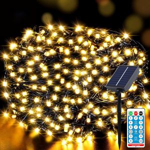 KAL-Guirlande Lumineuse Solaire D'Extérieur 20M, 200Led, Guirlande Lumineuse De Noël Led D'Extérieur Avec 8 Modes + Minuterie + Télécommande, Guirlande Pour Jardin, Balcon, Mariage, Blanc Chaud - Neuf