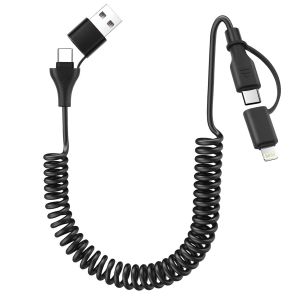Eryi-Câble Multi Usb Spirale, 4 En 1 Câble Universel Usb + 2 Usb C + Lighting, Câble Chargeur Multi Embout Compatible Avec Iphone15, Galaxy 23 22, Pour Huawei, Rallongé De 0,3m À 0,8m (Noir) - Neuf