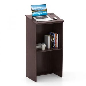 COSTWAY Pupitre pour Podium en Bois, Hauteur 116,5 cm avec &Eacute;tag&egrave;re de Rangement et Trous pour C&acirc;bles, pour Classe Marron - Neuf
