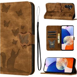 Kal-Housse Protection Pour Samsung Galaxy A14 6.6 Pouces Matériau En Cuir Pu Coque Samsung A14 Avec Fentes Pour Cartes Étui Motif Papillon Chat Brun - Neuf
