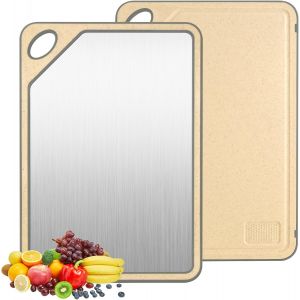 Planche A Decouper Double Face Pour La Cuisine, Face Inox & Paille De Bl&eacute; Pp (40x28x1cm), Passe Au Lave-Vaisselle, Rainure Pour Le Jus, Planche &Agrave; D&eacute;couper Antid&eacute;rapante, Pour Viandes, Fruits - Neuf