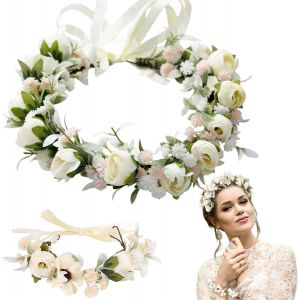 Kalvd-Accessoires De Cheveux De Mariée Rose Avec Bracelet,Bandeau De Fleurs,Bijou De Tête,Couronne De Fleurs Réglable,Pour Festival,Mariage,Cérémonie,Festival,Fête,Plage - Neuf