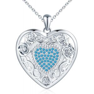 Médaillon De Coeur Avec Fleur De Rose En Argent 925 Collier Femme Personnalisé Photo Médaillon Fleur Avec Zircone Pendentif Porte Photos Chaîne 45+5cm Collier Bijoux Femme Fille - Neuf