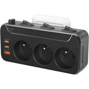 Bloc Multiprise Murale Fran&ccedil;aise avec Interrupteur Individuel,Prise Multiple avec USB C PD20W Chargeur,Multi Prise Parafoudre et Surtension,Triplette Electrique Rotation Verticale Horizontal,Noir - Neuf