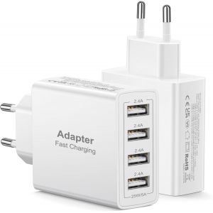 MEVRONISSHOP-Chargeur USB Multiple Lot de 2, 4 Ports Prise USB Murale Multiple Chargeur Rapide 25W, Adaptateur Bloc Secteur USBA Charge Rapide pour Samsung S25 S24 S23, iPhone Air 17 16 15 14 13 12, - Neuf