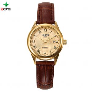 Montre A Quartz Analogique Pour Femme, Etanche Jusqu'a 30 M, Bracelet En Cuir, Ronde, Doree - Neuf