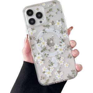 SJZG-Coque Magnétique Pour Iphone 15 Pro Max, Étui Souple Transparent Avec Motif Fleurs [Compatible Avec Magsafe Charge Sans Fil], Coque Résistant Pour Iphone 15 Pro Max 6,7""- Grande Fleur Blanche - Neuf