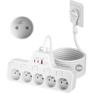 Multiprise Extra-Plate 5 Prises Française,Prise Fiche Plate Derriere Meuble Avec Terre 16A 2P+T,Multiprise Electrique Avec Interru - Neuf