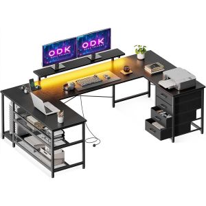 NouvelHorizonstore-Bureau avec Tiroirs, Bureaux d'angle R&iquest;&iquest;versible avec Multiprise, LED et Support pour Moniteur pour Bureau &iquest;&iquest; Domicile, 167&iexcl;&Aacute;102 cm, Noir - Neuf