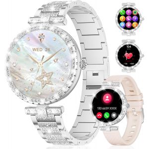 Lige Montre Connectée Femme Avec Appel Bluetooth, 1.19"" Amoled Smartwatch Femme Avec Fonction Féminine/24h Fréquence Cardiaque/Suivi Du Sommeil/100+Modes Sportif, Diamond Argent Smartwatch - Neuf