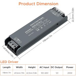 Transformateur LED 12V 200W 16.6A, Alimentation 12V, Transformateur 220V vers 12V, Driver Compacte et Robuste pour Lampes et Bandes LED - Neuf