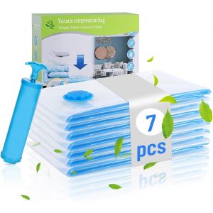 SJZG-Lot De 7 Sacs Sous Vide Pour Couettes Jumbo 100 X 80 Cm - 80% D'&Eacute;conomie D'Espace - Sacs Sous Vide Pour V&ecirc;tements - Grand Sac De Rangement R&eacute;utilisable - Pompe &Agrave; Main Incluse - Neuf