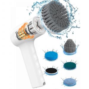 Brosse De Douche &Eacute;lectrique Rotative Avec Affichage Num&eacute;rique - Brosse De Douche &Eacute;lectrique Sans Fil Avec 5 T&ecirc;tes Interchangeables Et 2 Vitesses R&eacute;glables - Brosse De Nettoyage Manuelle, Blanche - Neuf