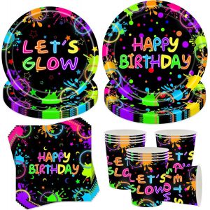 Sjzg-Happy Brithday - Lot De 50 Pi&egrave;ces De Vaisselle De F&ecirc;te D'anniversaire - Couleur Fluo - Avec Assiettes, Gobelets, Serviettes, D&eacute;coration D'anniversaire - Vaisselle De F&ecirc;te Pour 10 Invit&eacute;s - Neuf