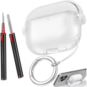 Coque Compatible avec AirPods 4 2024 avec Stylo de Nettoyage et Boucle Ronde &Eacute;tui de Protection en TPU Souple pour Apple AirPods 4 avec Verrouillage de s&eacute;curit&eacute; et Support de t&eacute;l&eacute;phone d'urgence - Neuf