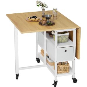 SUBZONAL-Table de Salle &agrave; Manger Pliable, Table Rabattable Mobile avec 6 roulettes et tiroirs de Rangement pour Petits espaces, Cuisine, Salle &agrave; Manger, Ch&ecirc;ne Jaune et Blanc - Neuf