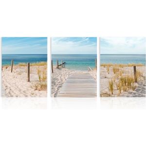 KALANKA-Lot de 3 Art Mural en Toile de Plage Impression Bleu Ciel Mer, D&eacute;coration Murale de Plage pour Salle de Bain Chambre 30x40 cm Sans Cadre - Neuf