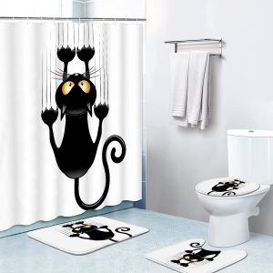 4 Morceau Rideau de Douche, Halloween Rideau de Douche Ensemble, les Enfants Décor de salle de Bains avec 12 Crochets, 71 x 71 Po, salle de Bain Imperméable Partition Rideau, Chat Noir - Neuf