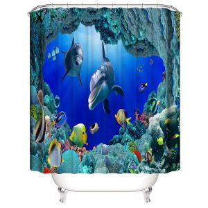 Rideau de douche dauphin 180 x 200 cm, rideau de douche mer, rideau de douche imperméable en polyester avec 12 crochets pour décoration de Noël, rideau de salle de bain - Neuf