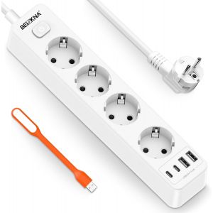 8 en 1 Multiprise avec 4 Ports USB et 4 Prises,Prise Multiple Prise Electrique 4000W 16A avec Interrupteur,Rallonge Multiprise avec Cable 1.8m pour Smartphone,Maison,Bureau-Blanc - Neuf