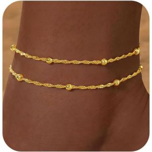 Tianyi-2 Pcs Bracelets Chaine De Cheville Pour Femme Argent 925 Multirang 18 Carats Or Cha&icirc;ne De Cheville En Perles Serpent Cubaine Imperm&eacute;able R&eacute;glable Chaine De Pied Plage D'&eacute;t&eacute; Bijoux Pour Enfants - Neuf