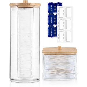 2 Pi&egrave;ces Porte Coton Tige, Bo&icirc;te &agrave; Tampons, Distributeur de Pots Organisateur de Rangement Avec Couvercles en Bambou pour Boules de Coton, Qtips, Salle de Bain - Neuf