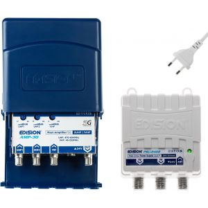 MAK-300 Kit: Pr&eacute;amplificateur de m&acirc;t Antenne TV TNT 2UHF, 1VHF/FM, 17-32db, 107dBmV, 24V, pour Num&eacute;rique Terrestre DVB-T/T2, avec Filtre 5G LTE + Alimentation 24V 200mA F 2 Sorties - Neuf