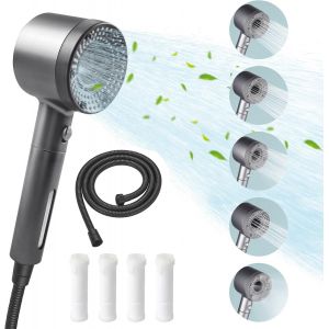 KAL-Pommeau De Douche Haute Pression Avec Filtre 5 Modes De Pulvérisation Pommeau De Douche Economie Deau Bouton D'Arrêt En Un Clic Livré Avec 4 Filtres Et Un Tuyau De 1,5 M (Noir) - Neuf