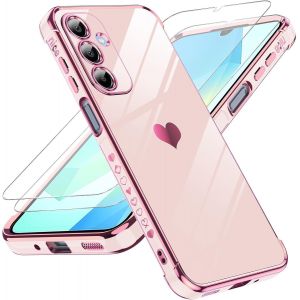 Sansh-Coque Pour Samsung Galaxy A16 4g / 5g Avec 2 Verre Trempé Silicone Forme De Coeur D'amour, Housse Étui De Protection Antichoc Anti-Rayures Souple Tpu Légère Coque Samsung A 16 - Rose - Neuf