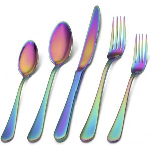 Ensemble De 5 Couverts Argent&eacute;s En Acier Inoxydable Finition Satin&eacute;e, Service De Table Pour La Maison Et Le Restaurant, Arc-En-Ciel - Neuf