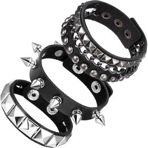Kal-Bracelets En Cuir Punk Rock, 3 Pièces, Bracelet Punk Rock Clouté En Cuir Pour Hommes Et Femmes, Bracelet Des Années 80, Bracelet Réglable, Enveloppant Poignets Pour Halloween Fêtes, 8.5 - Neuf