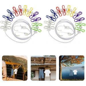 KALANKA-Lot de 2 cordes &agrave; linge portables de voyage avec 12 clips color&eacute;s, corde &agrave; linge r&eacute;glable et portable pour camping, corde &agrave; linge &eacute;lastique r&eacute;tractable pour int&eacute;rieur et ext&eacute;rieur (color&eacute;e) - Neuf