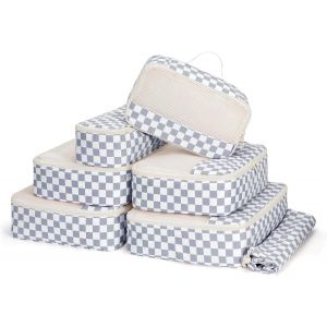 7 Pi&egrave;ces Organisateur Val , Pochette Rangement Val Organisateur Compartiment, Organisateurs De Voyage, Packing Cubes, Cube De Rangement, Organ Urs De Bagage (Damier Bleu Gris&acirc;tre) - Neuf