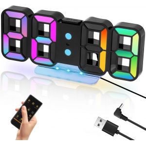 Horloge Murale Numérique Digitale Réveil LED 3D avec Télécommande Fonction Snooze Veilleuse 14 RGB Couleur 12/24 Heure Luminosité Réglage Décoration Gaming Chambre Bureau Salon Noir - Neuf