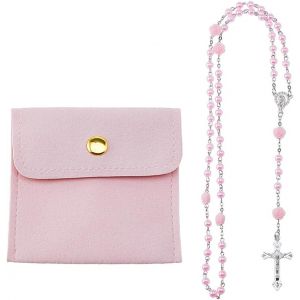 Kal-Chapelet Rose - Perles - 67 Cm - Alliage - Jésus Croix - Chapelet - Pour Femmes Et Hommes - Avec 1 Pièce - En Cuir Synthétique - Neuf