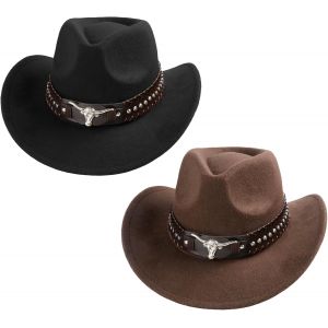 CAUC-Lot de 2 chapeaux de cowboy occidental avec accessoires uniques t&ecirc;te de taureau - Bord vieilli - Chapeau de protection solaire d'ext&eacute;rieur en laine - Multifonctionnel - Unisexe - Avec sangle en - Neuf